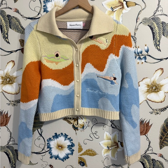 House of Sunny Souvenir Cardigan Sweater Ivory Blue Multi Size 4 - Picture 5 of 15